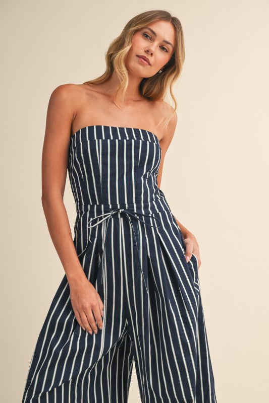 Navy Stripe Strapless Jumpsuit