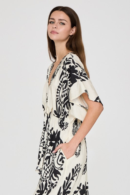Monochrome Paisley Kimono Jumpsuit