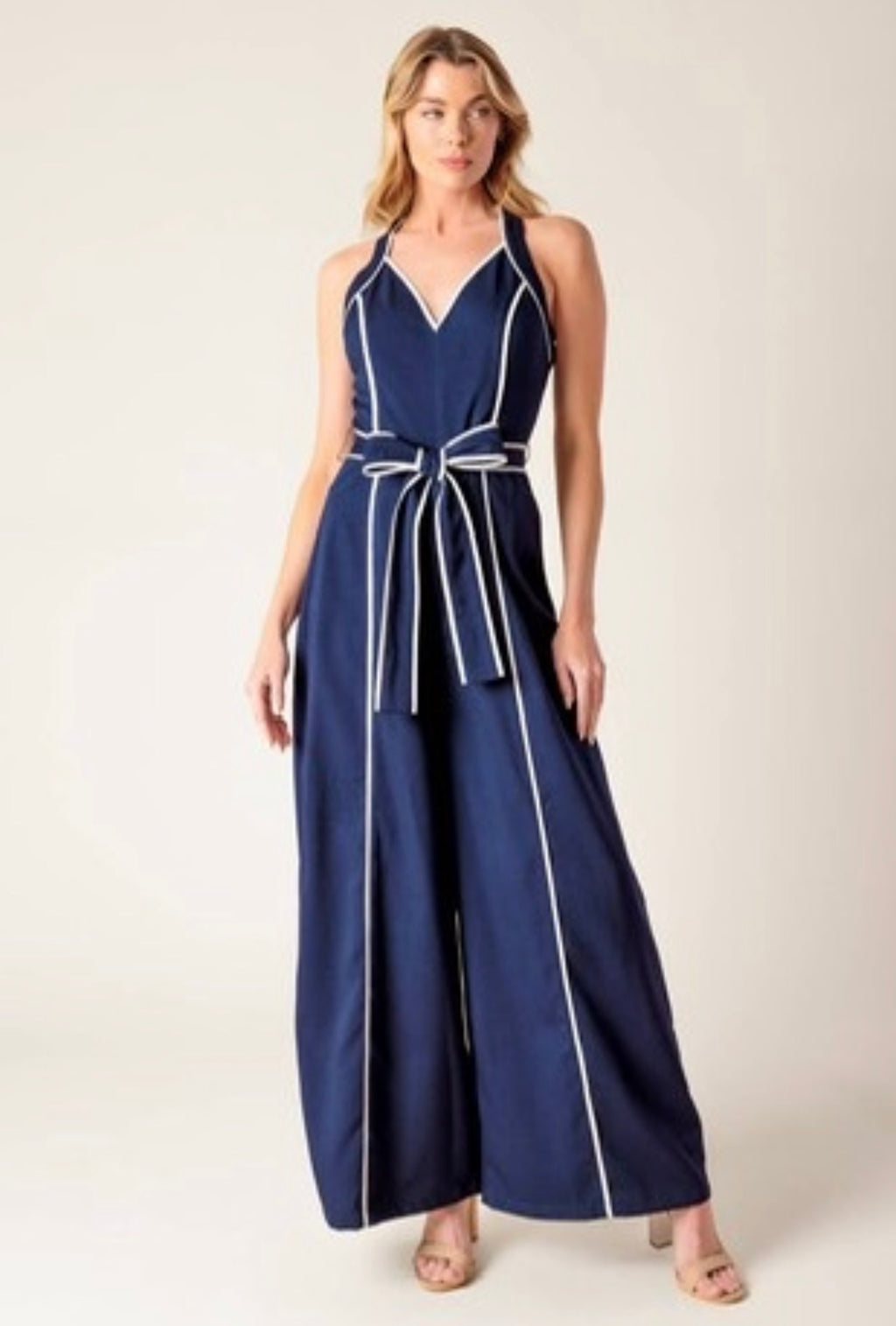 Navy Contrast Trim Wide-Leg Jumpsuit
