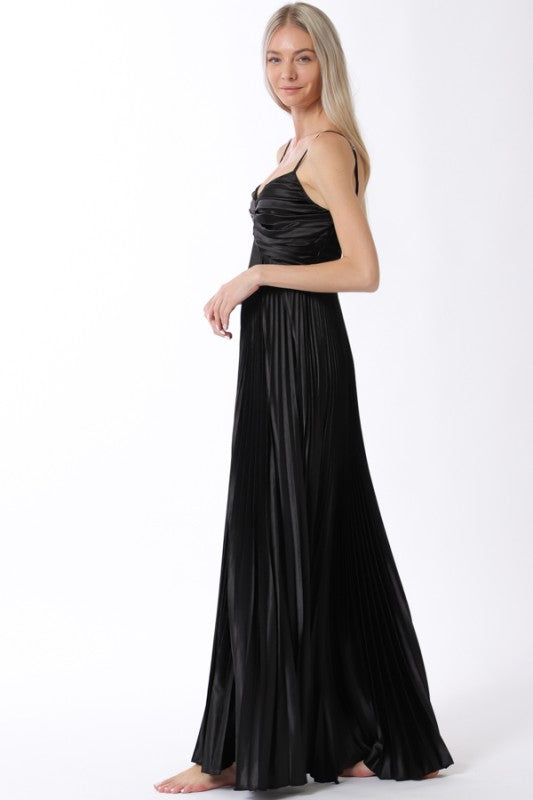 Black Pleated Satin Maxi Dress